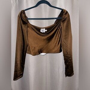 Size 2/Small. Brown long sleeve cropped satin cowl neck top.